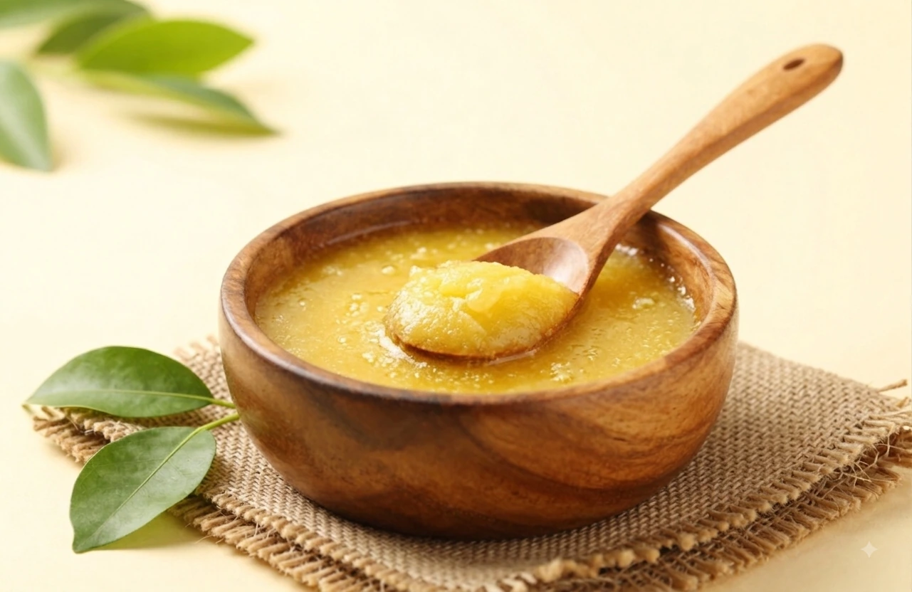 Wooden bowl of golden desi ghee